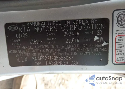 2009 Kia Spectra Ex from USA, damaged, VIN KNAFE221295658087